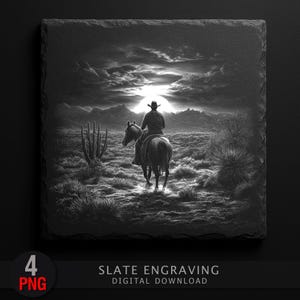 Paquete de grabados de vaquero al atardecer / Caballo del Oeste en el desierto PNG / Archivos láser rústicos de pizarra / 4 imágenes prediseñadas digitales de alta resolución para proyectos de grabado