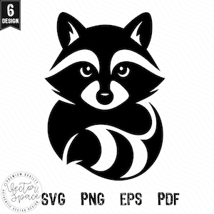 May include: Black and white silhouette of a raccoon with a curled tail. The raccoon is facing forward with its head tilted slightly down. The raccoon has a black nose and small, round eyes.