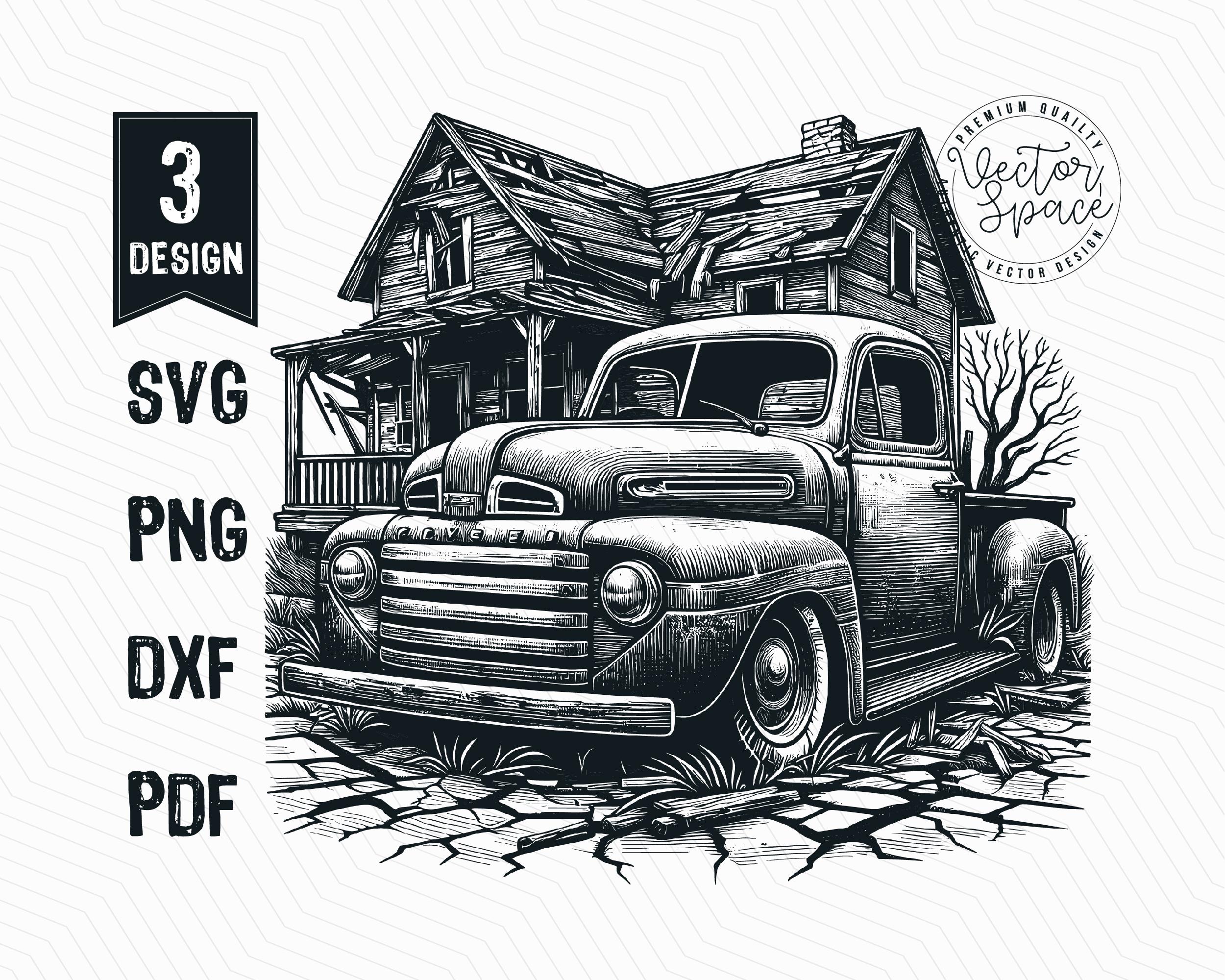 Old Vintage Farm Truck Illustration Vector, Pickup Truck SVG, Rusted Truck, Farm Truck Laser Cut Vector PNG Clipart Cut Files Engraving