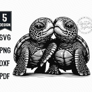 Puede incluir: Ilustración en blanco y negro de dos tortugas marinas enfrentadas. Las tortugas están dibujadas con un estilo detallado y realista, con sus caparazones y aletas claramente visibles.