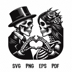 Skeleton Love SVG, Weeding Skeleton, Skull Skeleton, The Lovers, Heart Hand Sign, Romantic SVG PNG Clipart Cut Files Engraving Silhouette
