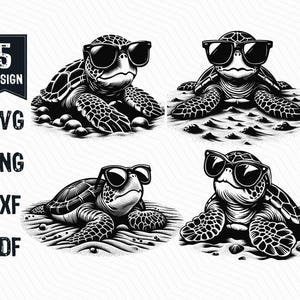 May include: A black and white illustration of four sea turtles wearing sunglasses. The turtles are all facing forward and have their mouths slightly open. They are all lying on their bellies on a sandy beach.