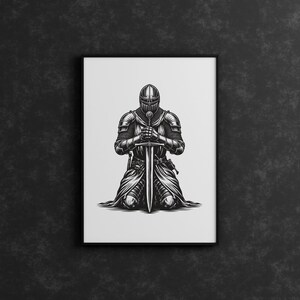 May include: A black and white illustration of a knight kneeling with a sword in front of him.