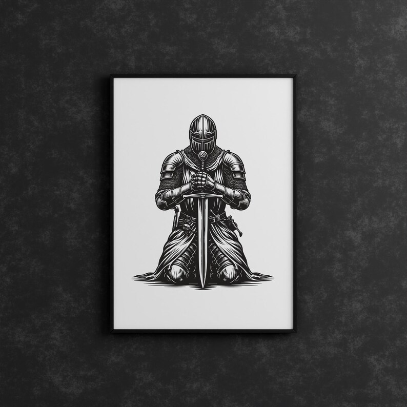 May include: A black and white illustration of a knight kneeling with a sword in front of him.