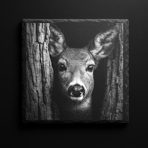 May include: Black and white square art print featuring a deer peering out from behind two tree trunks. The deer's face is centered, with detailed fur and large eyes. The print has a textured, stone-like appearance.