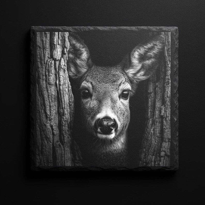 May include: Black and white square art print featuring a deer peering out from behind two tree trunks. The deer's face is centered, with detailed fur and large eyes. The print has a textured, stone-like appearance.