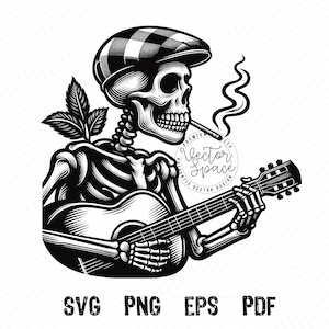 Skeleton Playing Guitar SVG, Skeleton Musical, Skull Skeleton, Skeleton With Guitar SVG PNG Clipart Cut Files Engraving Silhouette