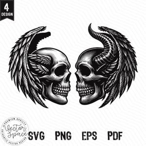 Puede incluir: Ilustración en blanco y negro de dos cráneos enfrentados. Un cráneo tiene alas de ángel y el otro tiene cuernos de diablo.