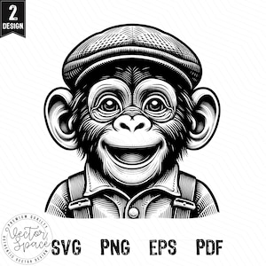 Chimpanzee SVG, Flat Cap Monkey Chimpanzee, Ape Monkey, Baby Monkey Chimpanzee, Chimp SVG Laser Cut Vector PNG Clipart Cut Files Engraving