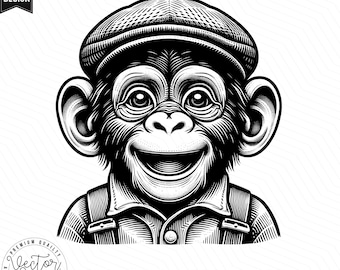 Chimpancé SVG, Chimpancé mono de gorra plana, Mono mono, Chimpancé mono bebé, Chimpancé SVG cortado con láser, Vector PNG, Clipart, Archivos de corte, Grabado
