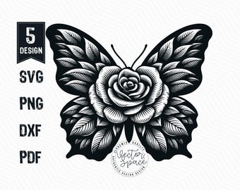 Roses Butterfly Vector Illustration, Butterfly SVG, Floral Butterfly Svg, Flowers Butterfly Vector PNG Clipart Cut Files Engraving