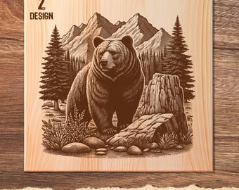 May include: A brown bear stands in a mountain landscape with trees and rocks. The bear is drawn in a vintage style with detailed lines and shading. The image is labeled "2 DESIGN".