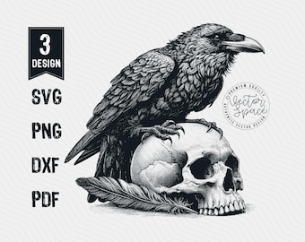 Gothic Raven on Skull SVG - Dark Crow Clipart for Cricut Laser Engraving & Sublimation Art - PNG Vector