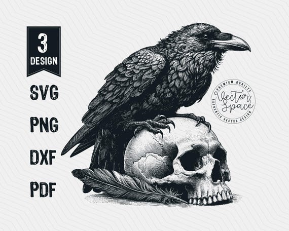 Gothic Raven on Skull SVG - Dark Crow Clipart for Cricut Laser Engraving & Sublimation Art - PNG Vector
