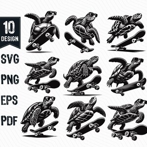 May include: Ten black and white illustrations of sea turtles riding skateboards. Each turtle is in a different pose and has a unique design. The illustrations are perfect for use in a variety of projects, such as t-shirts, mugs, stickers, and more.