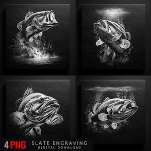 Op de afbeelding: Vier vierkante zwart-wit digitale kunstprints met gedetailleerde gravures van largemouth bass. Elke print toont een ander perspectief van de vis, met watereffecten en een donkere achtergrond. De tekst "4 PNG SLATE ENGRAVING DIGITAL DOWNLOAD" staat onderaan.