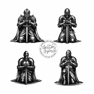May include: Four black and white illustrations of a kneeling knight in armor holding a sword. The knight is wearing a helmet and a cape. The illustrations are in a vintage style.
