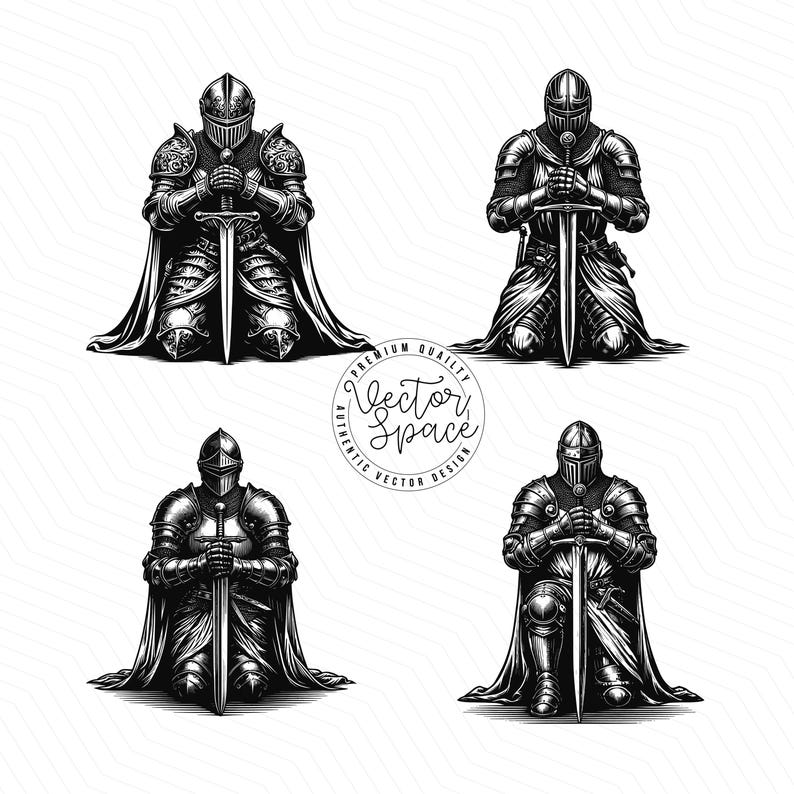 May include: Four black and white illustrations of a kneeling knight in armor holding a sword. The knight is wearing a helmet and a cape. The illustrations are in a vintage style.