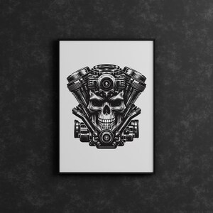 Peut inclure: Illustration en noir et blanc d'un cr&acirc;ne avec un design de moteur de moto. Le cr&acirc;ne a un sourire narquois et le moteur a des d&eacute;tails complexes.