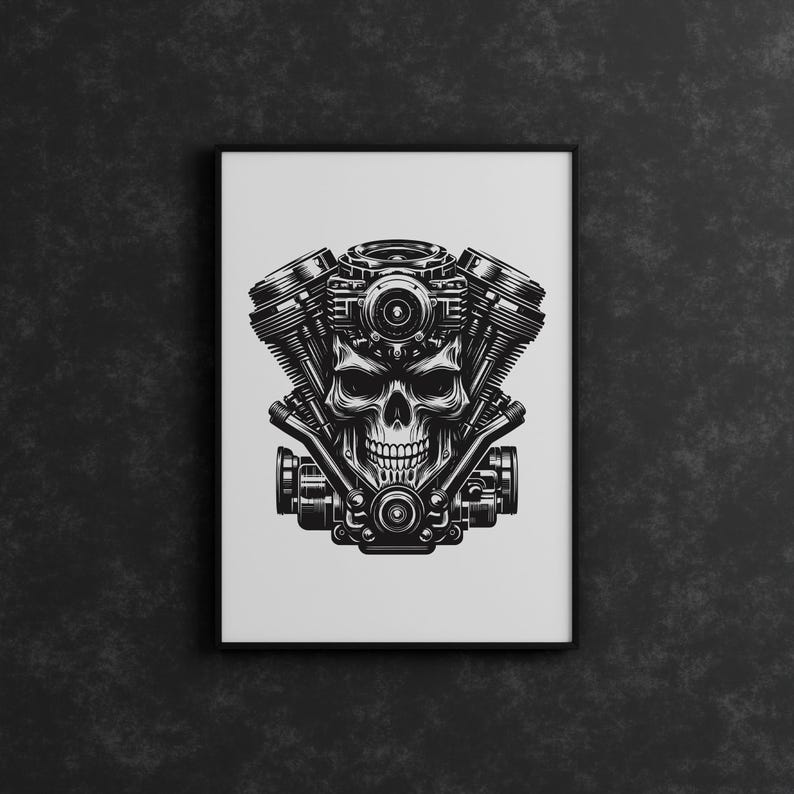 Peut inclure: Illustration en noir et blanc d'un cr&acirc;ne avec un design de moteur de moto. Le cr&acirc;ne a un sourire narquois et le moteur a des d&eacute;tails complexes.