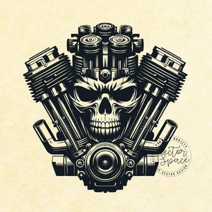 Peut inclure: Illustration en noir et blanc d'un cr&acirc;ne avec un design de moteur de moto. Le cr&acirc;ne est au centre du moteur, avec les cylindres et les autres pi&egrave;ces du moteur qui l'entourent. L'image a un style vintage.