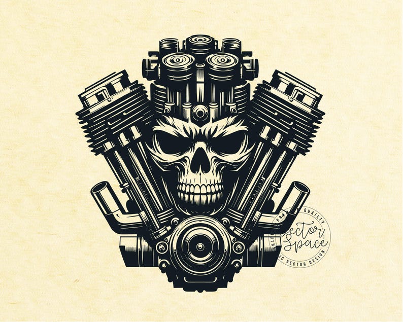 Peut inclure: Illustration en noir et blanc d'un cr&acirc;ne avec un design de moteur de moto. Le cr&acirc;ne est au centre du moteur, avec les cylindres et les autres pi&egrave;ces du moteur qui l'entourent. L'image a un style vintage.