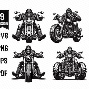 May include: A black and white illustration of a Bigfoot riding a motorcycle. The Bigfoot is wearing a leather jacket and boots. The motorcycle has a large front wheel and a smaller rear wheel.