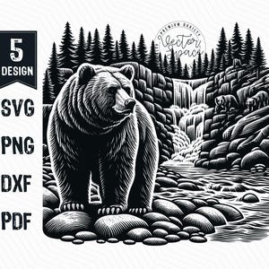 Bear Illustration Vector, Waterfall Bear SVG, Mountain Bear, Bear Head, Bear Vector PNG Clipart Cut Files Engraving Silhouette