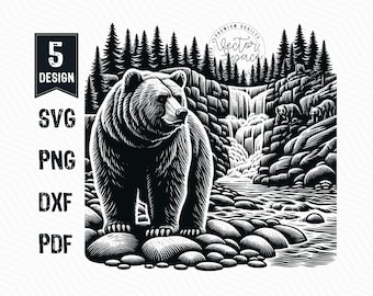 May include: Black and white illustration of a bear standing on rocks near a waterfall in a forest. The bear is facing the left side of the image. The waterfall is in the background. The image is in a woodcut style.