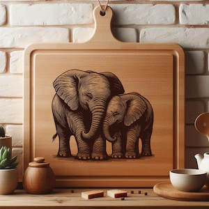May include: A wooden chopping board with a brown engraved image of two elephants standing close together. The larger elephant has its trunk wrapped around the smaller elephant.