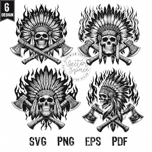 May include: Four black and white illustrations of a skull wearing a Native American headdress with crossed axes behind it. The headdress is surrounded by flames.