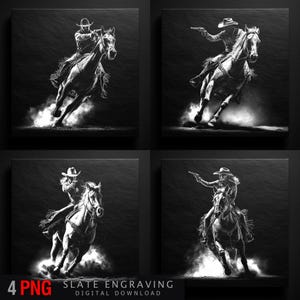 Cowboy und Cowgirl zu Pferd Shooting Art | Wilder Westen Schiefer Gravur PNG | Rustikaler Western Digitaler Download für die Lasergravur