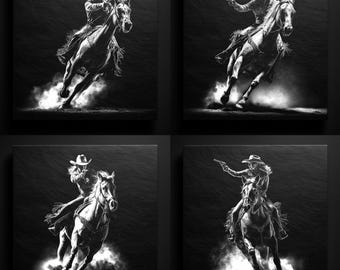 Puede incluir: Cuatro impresiones de arte digital en blanco y negro de vaqueros y vaqueras a caballo. Cada imagen muestra a una persona con sombrero de vaquero y pistola montando a caballo. El texto "4 PNG" y "SLATE ENGRAVING DIGITAL DOWNLOAD" está en la parte inferior.