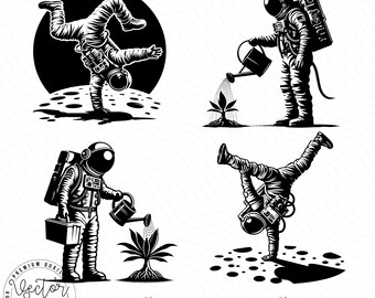 宇宙飛行士 SVG、宇宙飛行士逆立ち、植物に水をやる宇宙飛行士、面白い宇宙飛行士、SVG PNG クリップアート カット ファイル 彫刻シルエット