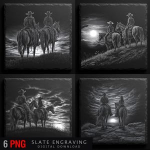 Paquete de imágenes PNG de un vaquero en pizarra / Pareja a caballo del oeste / Arte mural de vaquero al atardecer / Descarga digital (6 PNG)