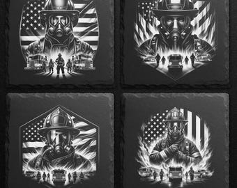 May include: Set of four square slate coasters with firefighter illustrations. Each coaster features a firefighter in a helmet and gas mask, with an American flag backdrop and fire trucks. The text "4 PNG Slate Engraving Digital Download" is at the bottom.