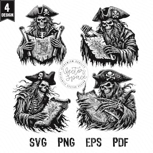 Squelette pirates SVG, pirate squelettique et carte au trésor, capitaine pirate, crâne de pirate SVG PNG coupe fichiers gravure Silhouette
