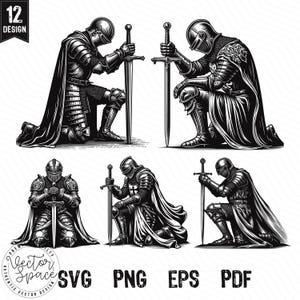 Kniender Ritter SVG Bundle | Mittelalterlicher Krieger Clipart | Gepanzerte Schwert Ritter Silhouette | Gravurstil | Png SVG EPS Pdf