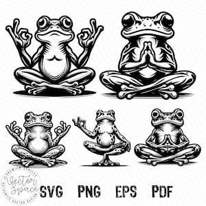 Könnte beinhalten: Vier Schwarzweißillustrationen von Fröschen in verschiedenen Yoga-Posen. Die Frösche sitzen im Lotussitz, mit ihren Händen in einer Mudra-Geste. Die Frösche sind alle nach vorne gerichtet, mit geschlossenen Augen. Die Illustrationen sind im Vintage-Stil.