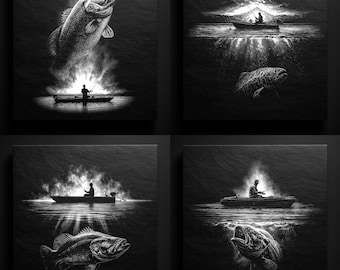 Puede incluir: Una colección de cuatro grabados en pizarra en blanco y negro que representan escenas de pesca. Cada pieza presenta a un pescador en un bote, con elementos de peces y agua. La esquina inferior izquierda de la imagen muestra el texto "5 PNG SLATE ENGRAVING DIGITAL DOWNLOAD".