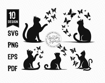 Cat and Butterfly SVG, Cute Kitten Cat with Butterfly, Cat Kitten Playing SVG PNG Clipart Cut Files Engraving Silhouette