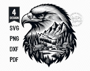 Eagle Mountain Landscape Vector Illustration, Eagle Head SVG, Mountain Forest Scene, Eagle Vector PNG Clipart Cut Files Engraving