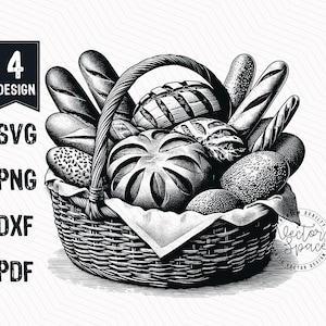 May include: A black and white illustration of a wicker basket overflowing with various types of bread, including loaves, rolls, and baguettes.