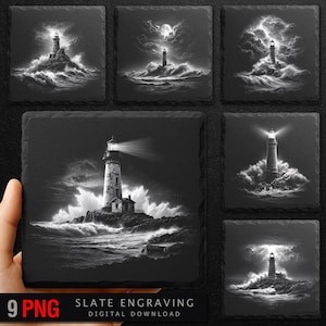 May include: A collection of black and white slate engravings featuring lighthouses. Each square coaster depicts a lighthouse scene with stormy seas and dramatic skies. The text "9 PNG" and "SLATE ENGRAVING DIGITAL DOWNLOAD" are visible.