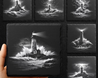Lighthouse Slate Engraving PNG Bundle: Stormy Coastal Scene (Digital Download