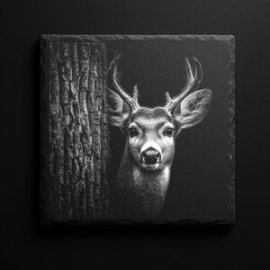 May include: Black and white square slate featuring a detailed image of a deer peeking from behind a tree. The deer has large antlers and is set against a dark background. The slate has a natural, textured edge.
