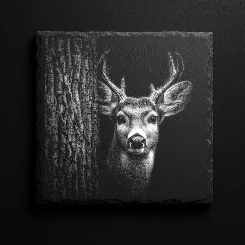May include: Black and white square slate featuring a detailed image of a deer peeking from behind a tree. The deer has large antlers and is set against a dark background. The slate has a natural, textured edge.
