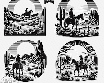 Western Cowboy Illustration Vector, Cowboy Riding Horse, Cowboy Scene, Cowboy Bundle SVG Laser Cut Vector PNG Clipart Cut Files Engraving