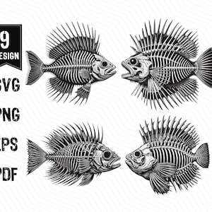 Fish Skeleton SVG, Fish Bone, Fishing, Monster Fish, Angry Fish, Horror Fish, Fish Skull SVG PNG Clipart Cut Files Engraving Silhouette