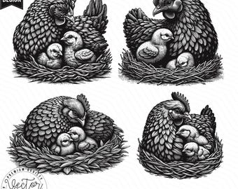 Chicken Hen and Chicks SVG, Chiken Farm, Hen, Chicks, Chicken Nestled Nest SVG PNG Clipart Cut Files Engraving Silhouette